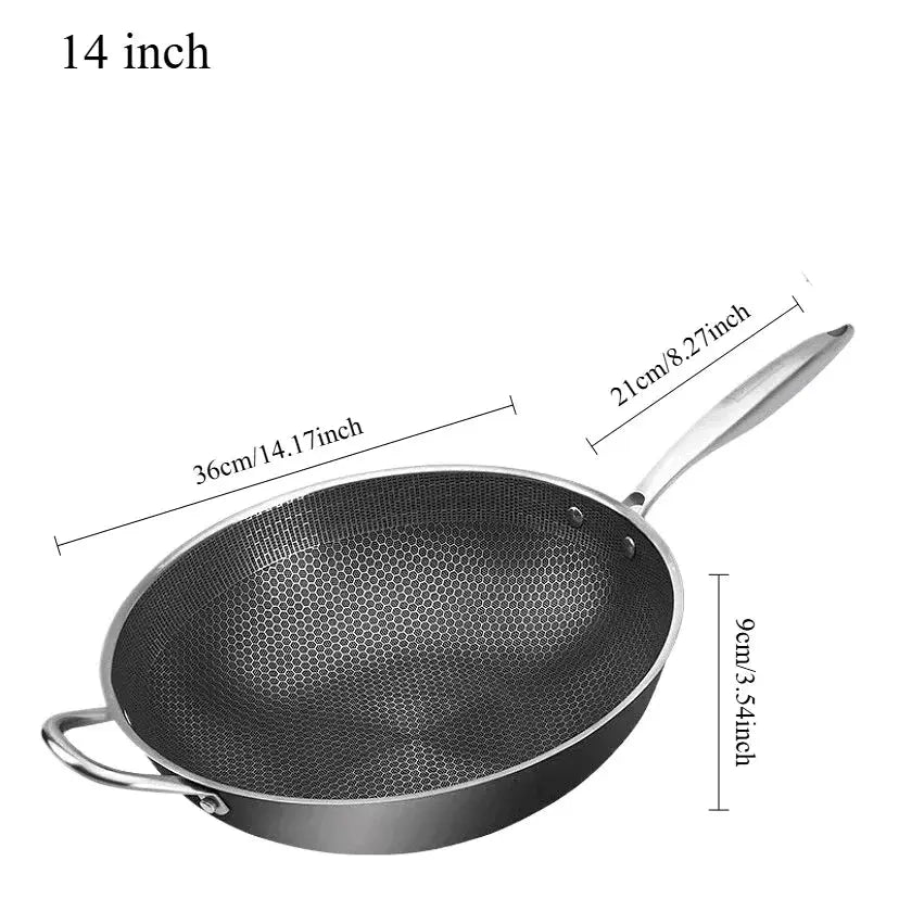 Honeycomb Stainless Steel Wok with Long Handle & Side Handle – Multi-Functional Deep Wok for Stir-Frying, Searing, Sautéing, Frying, Soups, Noodles, Steak, Deep-Frying, Tossing, Ramen & One-Pan Dishes,Available in 12-inch & 14-inch Sizes 14 inch