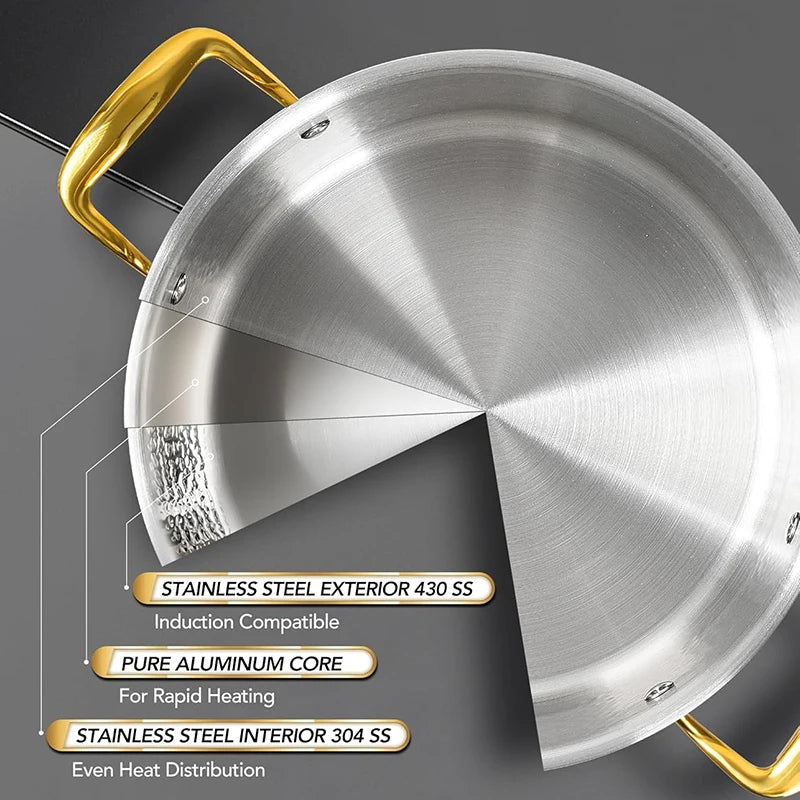 Premium Tri-Ply Luxury Hammered Stainless Steel Soup & Stock Pot with Golden-Rimmed Tempered Glass Lid & Golden Handles – 6-Quart Non-Stick Cooking Pot for Soups, Stews, Boiling Pasta, Frying, Searing, Stocks & One-Pot Meals