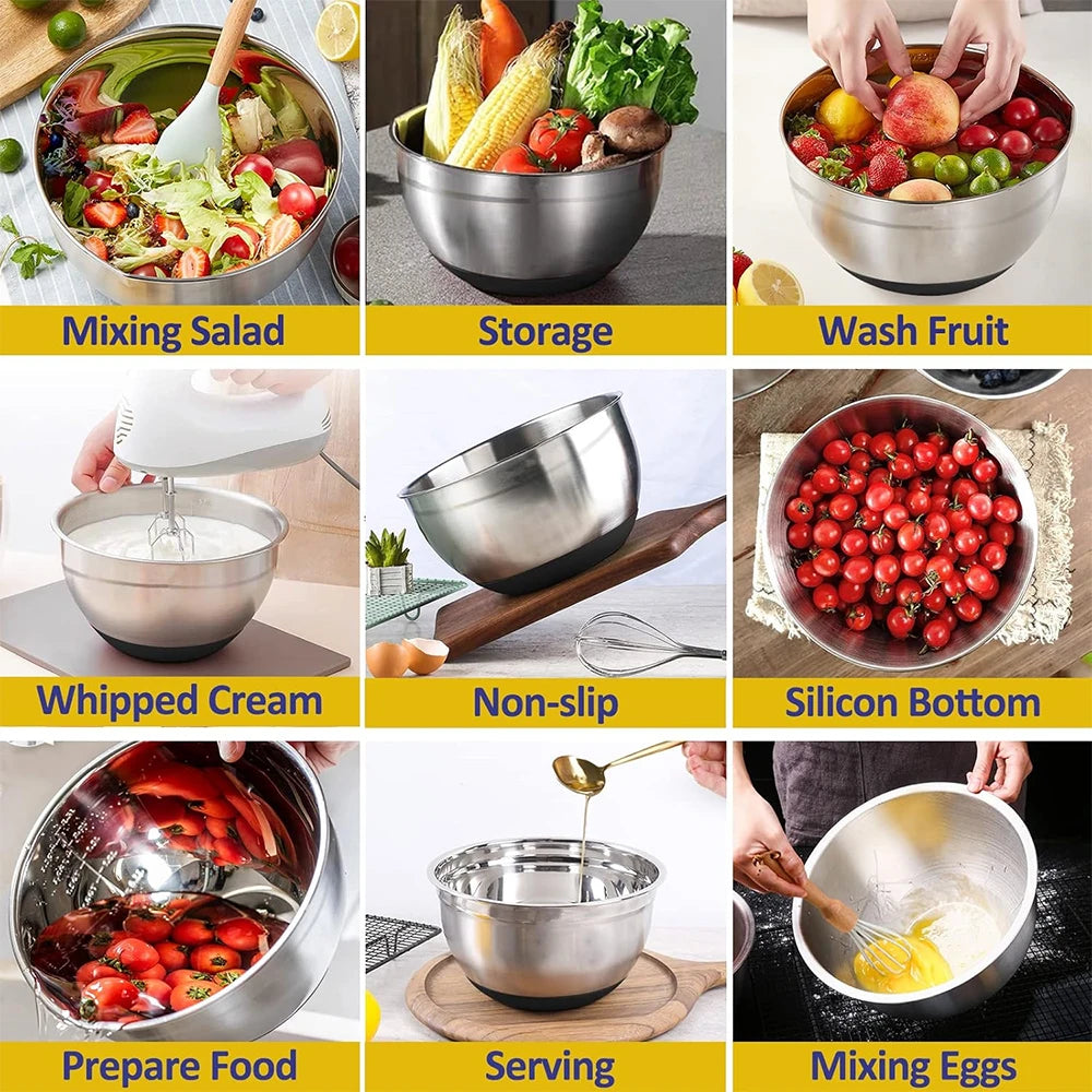 Stainless Steel Mixing Bowl Set with Airtight Lids – Multi-Purpose Kitchen Bowls for Mixing, Whisking, Serving, Storing & Food Prep – Fridge & Dishwasher Safe – Set Includes 6 Bowls in 18cm to 28cm Sizes
