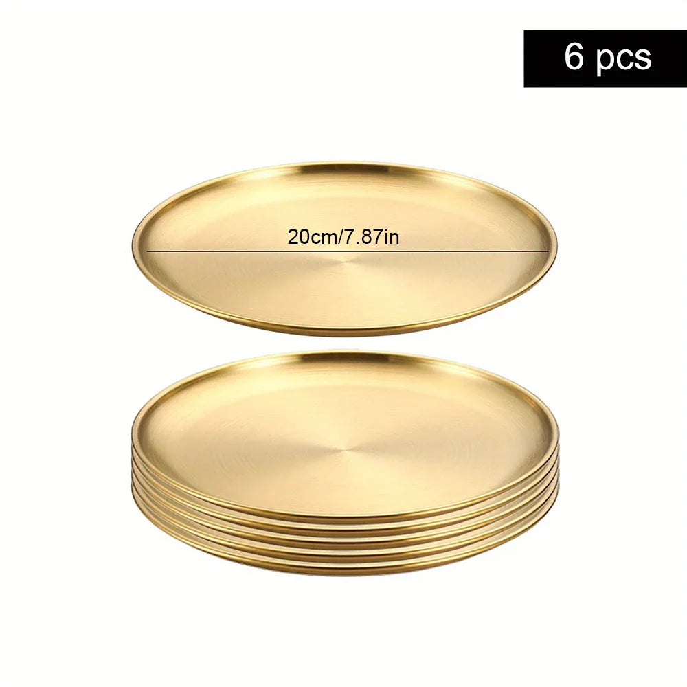 6Pcs Golden Stainless Steel Round Plate Set – Rust-Proof Shallow Trays for BBQ, Picnic & Kitchen Use (6 Sizes: 14cm–30cm)