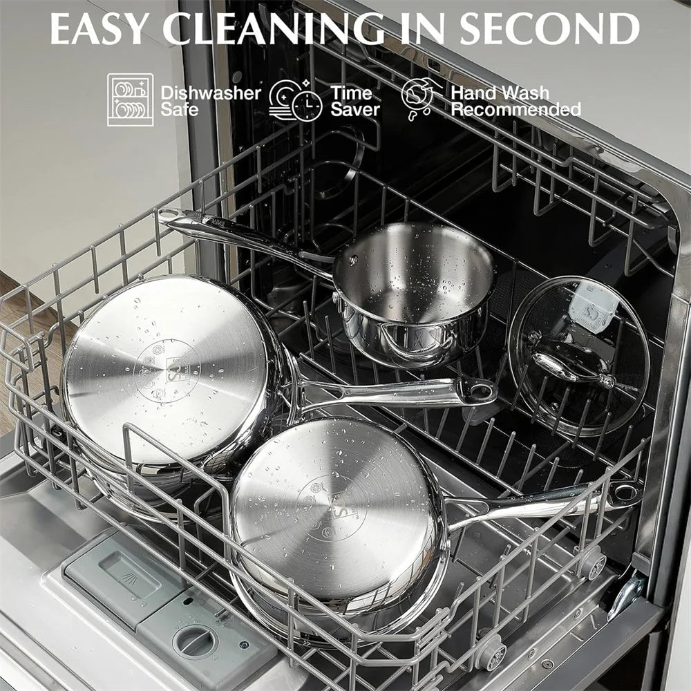 6 Piece Tri-Ply Stainless Steel Saucepan Set with Glass Lids – 14cm, 18cm & 20cm Milk Pan & Saucepans – Great for Sauces, Soups & Induction Hobs