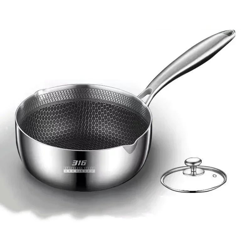 Honeycomb Stainless Steel Saucepan with Glass Lid & Long Handle – Saucepan for Boiling Milk, Soups, Sauces & Daily Meals – Heat-Resistant Grip – Induction & Gas Stove Compatible – 20cm