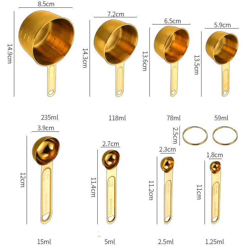 Gold Stainless Steel Measuring Cups & Spoons Set-4 Sizes 9pcs Set ,8pcs Set , 5 Measuring Spoons Set ,4 Measuring Cups Set options