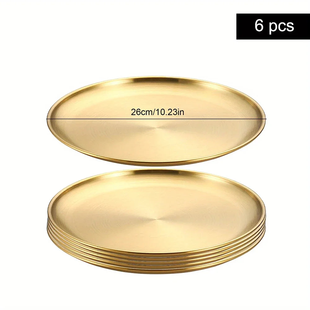 6Pcs Golden Stainless Steel Round Plate Set – Rust-Proof Shallow Trays for BBQ, Picnic & Kitchen Use (6 Sizes: 14cm–30cm)
