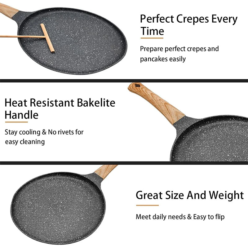 Granite-Coated Non-Stick Griddle Pan with Spreader – Ideal for Flatbreads, Crepes, Pancakes, Tortillas, Eggs, Omelettes, Parathas, Roti, French Toast, Wraps, Tawa-Fried Fish, Quesadillas & Dosa – Available in 24cm Size in Light Grey