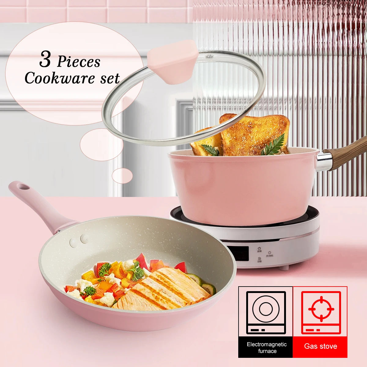 Blush Pink Non-Stick Cookware Set – Includes Skillet & Glass Lid, Mini Milk Sauce/Soup Pan – Ideal for Omelettes, Pancakes, Porridge, Soups, Sauces, Scrambled Eggs, Baby Food, Curries, French Toast & Daily Cooking – 3-Piece Set