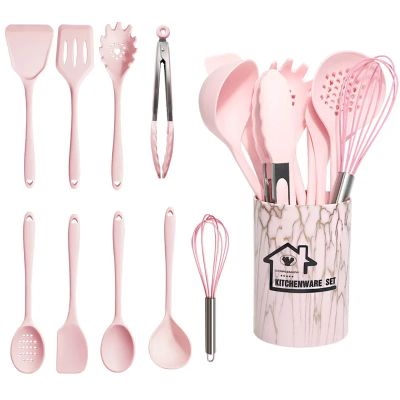 Blush Pink Silicone Kitchen Utensils Set –10/18-Piece Silicone Kitchen Utensils Set – Heat-Resistant Spatulas, Spoons, Turners, Brush, Whisk, and More Safe for Non-Stick Cookware & Daily Cooking
