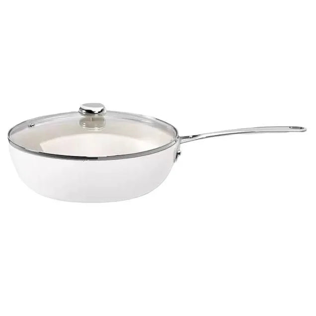 Ceramic-Coated Non-Stick Frying Pan with Glass Lid & Long Handle – Deep Skillet for Sauté, Frying, Searing, Omelettes, Simmering, Sauces & One Pan Meals – Induction & Gas Compatible – Available in 28cm (White)