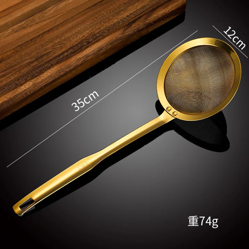 Golden Stainless-Steel Strainer, Sieve– Fine Mesh Skimmer with Long Handle (Available in 12cm, 14cm, 16cm)