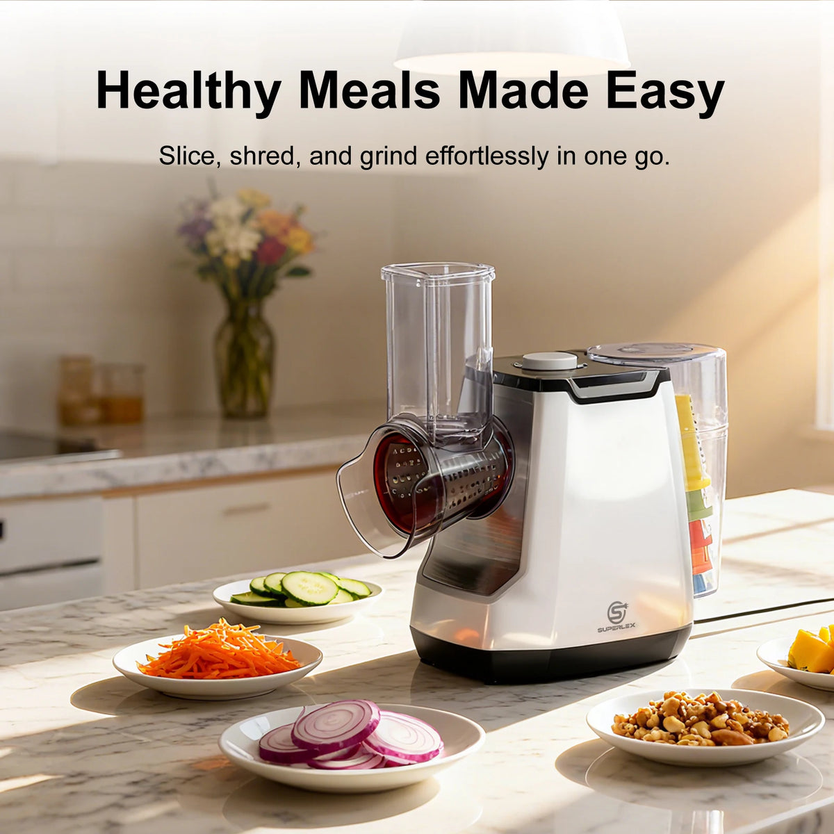 5-in-1 Electric Grater & Salad Maker 150W – Vegetable Slicer & Shredder with Stainless Steel Cones – Great for Cheese, Carrots, Nuts & Salads