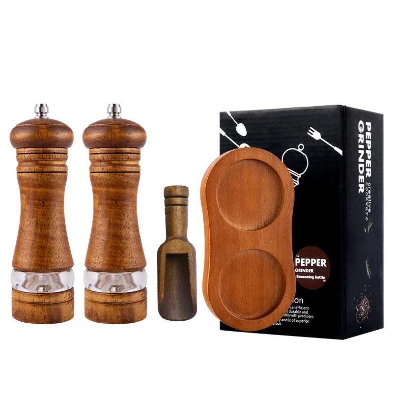 Classic Oak Wood Salt & Pepper Mill Set with Tray – Refillable Manual Spice Grinders – Great for the Dining Table & Kitchen Style A