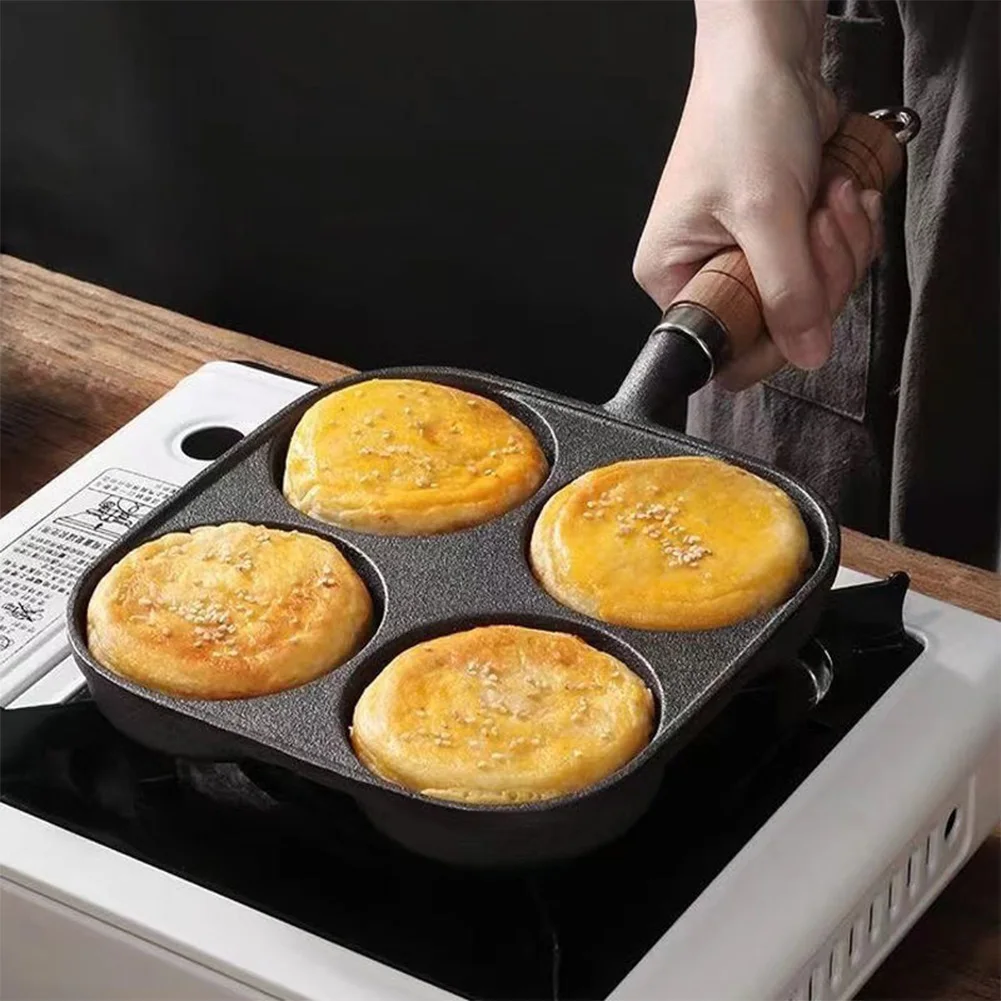 Pre-Seasoned 4-Hole Cast Iron Frying Pan – Non-Stick Breakfast Skillet with Wooden Handle for Eggs, Pancakes, Burgers & More (Gas & Induction Compatible)
