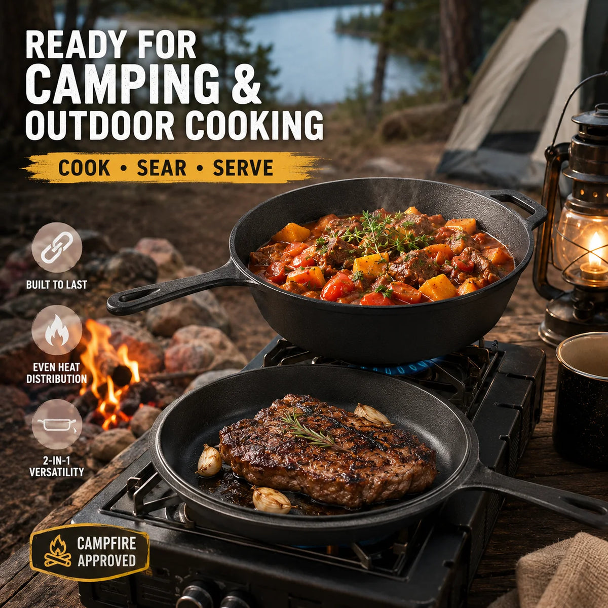 Cast Iron Camping Dutch Oven Stockpot with Skillet Lid – Non-Enamel Heavy Duty Stew Pot – Best for Outdoor Camping & Home Cooking