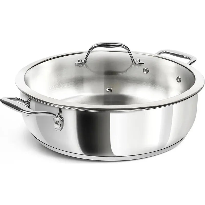Stainless Steel Sauté Pan with Golden Handles & Glass Lid – Tri-Ply Deep Pan Ideal for Searing, Sautéing, Frying, Simmering & One-Pan Meals – Durable, Even-Heat Construction – All-Cooktop Compatible – 30cm Silver Handle