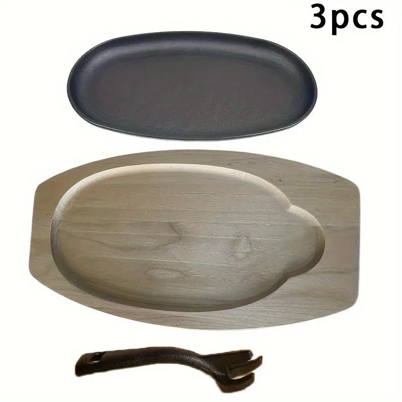3-in-1 Cast Iron Sizzler Grill Platter Set – 24cm Oval Grill Pan with Wooden Base & Detachable Handle for Steaks BBQ Grilled Fish & Hot Sizzler Serving – Compatible with Gas Oven & Barbecue