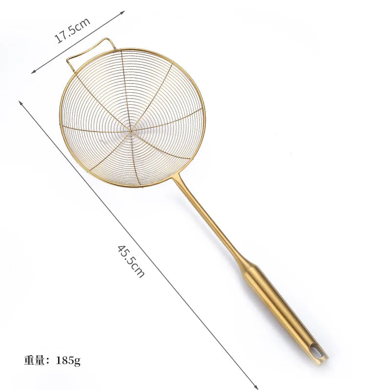 Golden Stainless Steel Skimmer Strainer – Frying Scoop & Oil Filter with Long Handle (Available in Multiple Sizes)