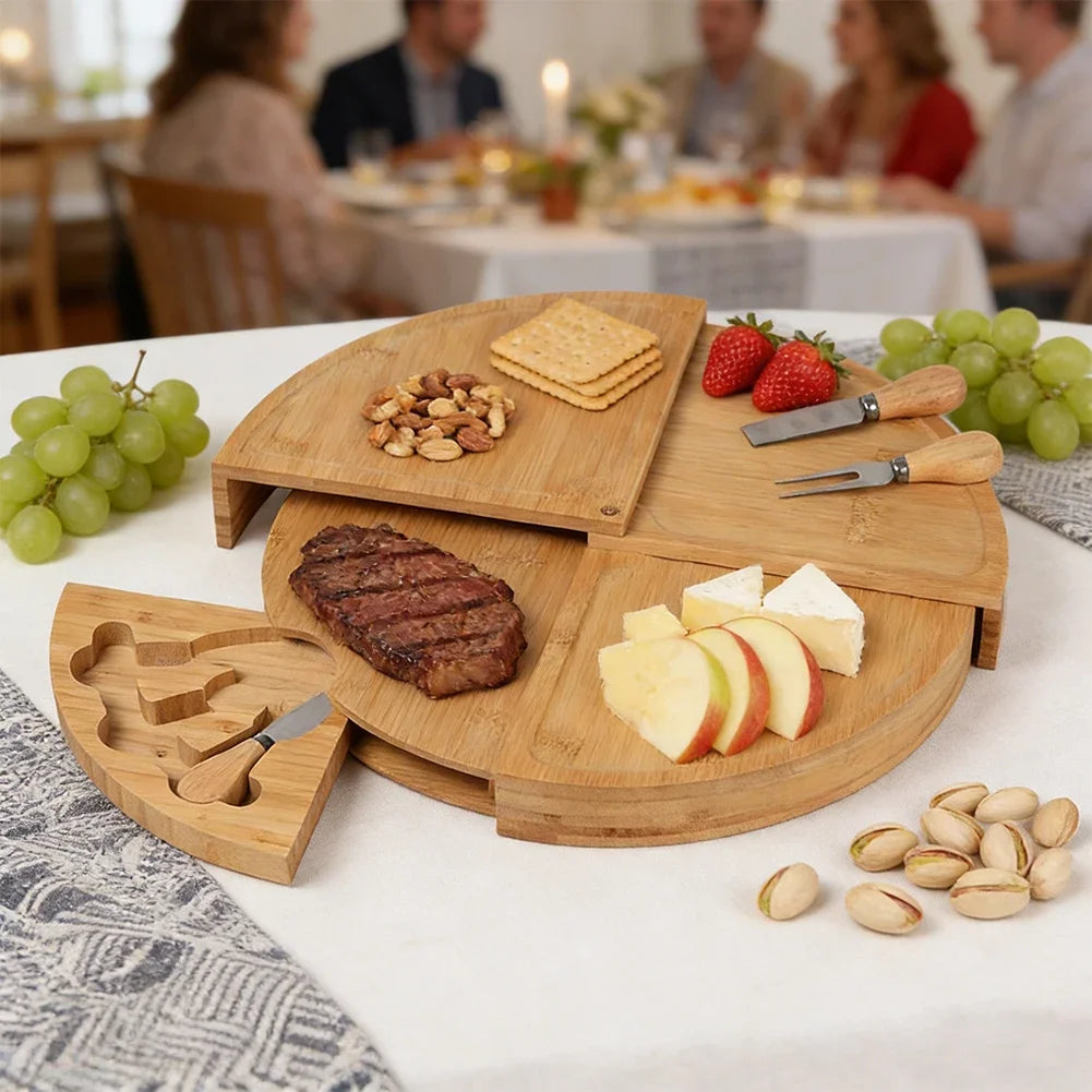 Bamboo Cheese Board with Knife Set – 4-Tier Swivel Round Serving Tray with Hidden Knife Drawer – Ideal for Parties, Cheese, Fruit & Desserts