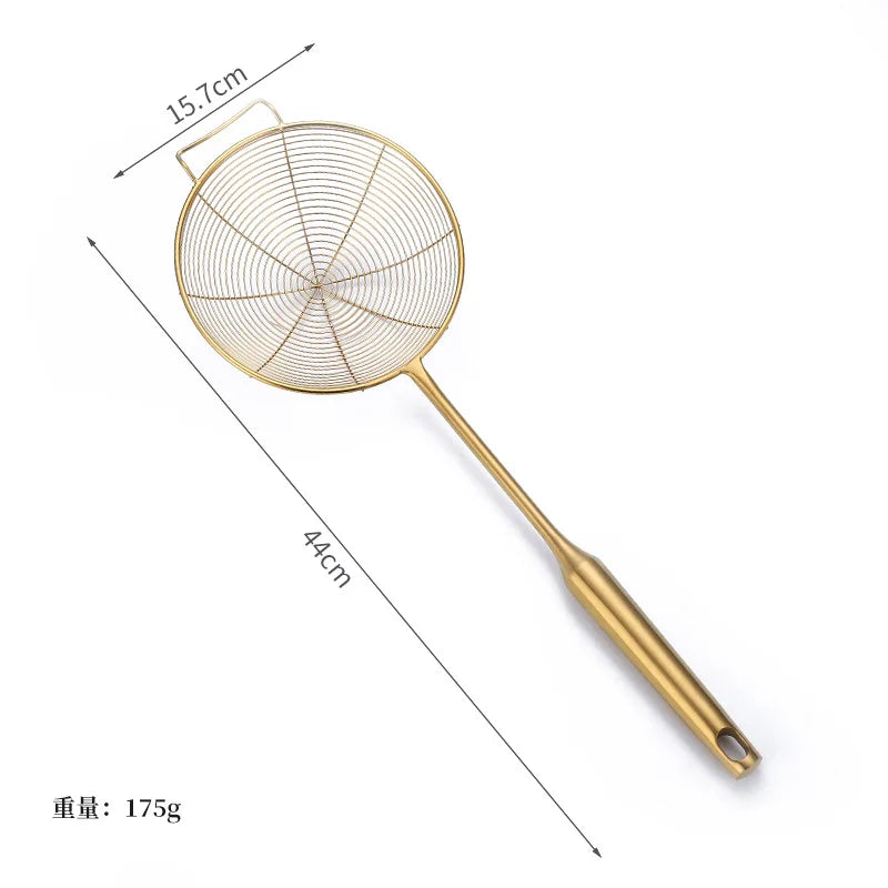Golden Stainless Steel Skimmer Strainer – Frying Scoop & Oil Filter with Long Handle (Available in Multiple Sizes)