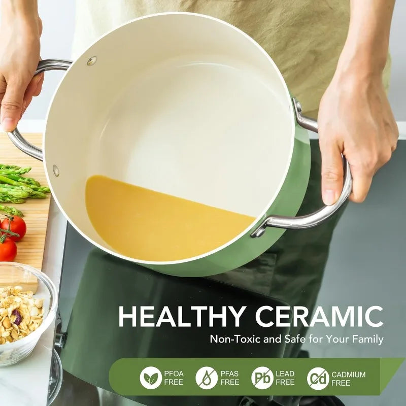 Non-Stick Ceramic Stock Pot with Glass Lid – 6-Quart Cooking Pot Induction-Compatible – Ideal for Soups, Stews, Curries, Simmering, Sautéing & One-Pot Meals – Available in Green, Blue & White