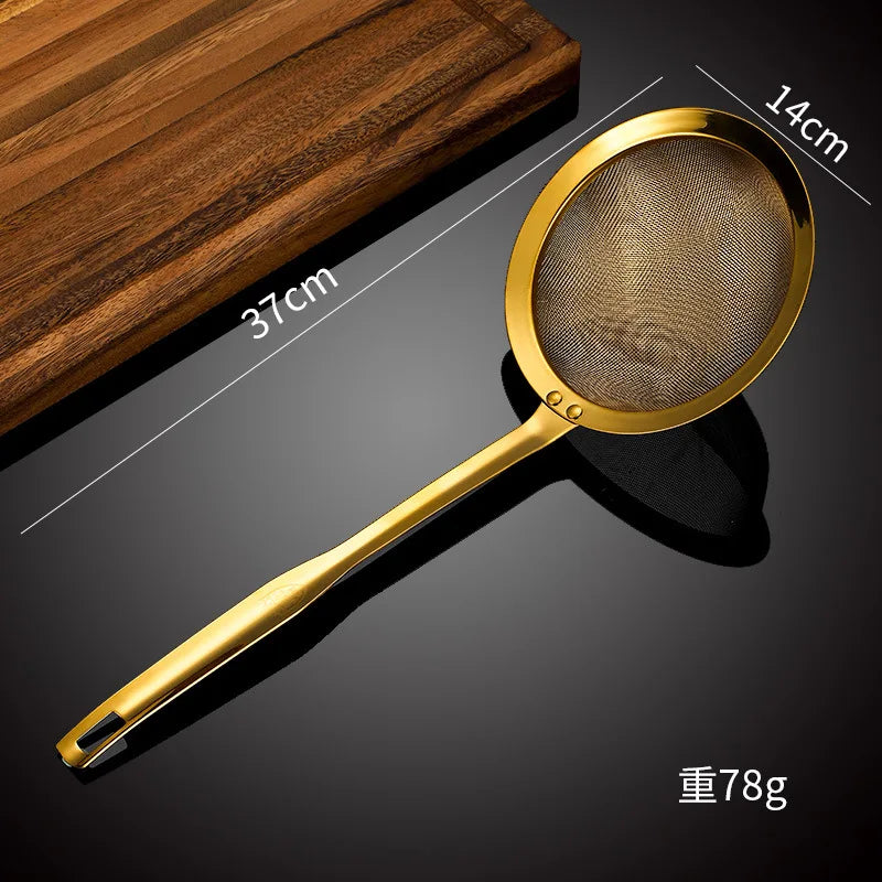 Golden Stainless-Steel Strainer, Sieve– Fine Mesh Skimmer with Long Handle (Available in 12cm, 14cm, 16cm)