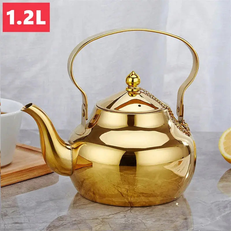 Golden Stainless Steel Kettle with Infuser – Multi-Use for Tea, Coffee, Oils Storage, Clear Soups & Baby Food Prep, Home & Office Kitchenware 1.2L Gold 1