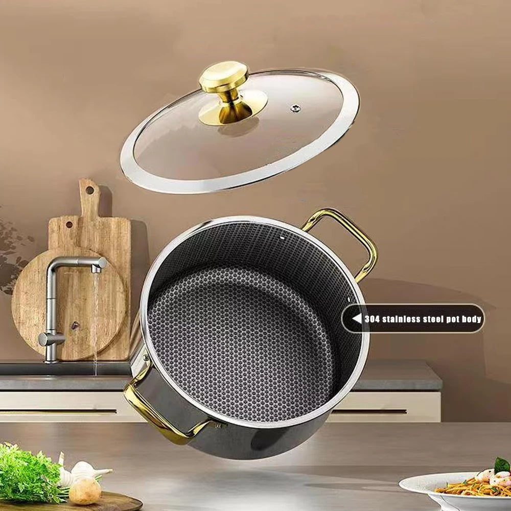 Honeycomb Stainless Steel Non-Stick Soup Pot with Glass Lid – Multi-Purpose Pot for Frying, Stewing, Searing, Stir-Fry, Soup, Stock & Daily Cooking – Compatible with All Stovetops – Available in 20cm, 22cm, 24cm