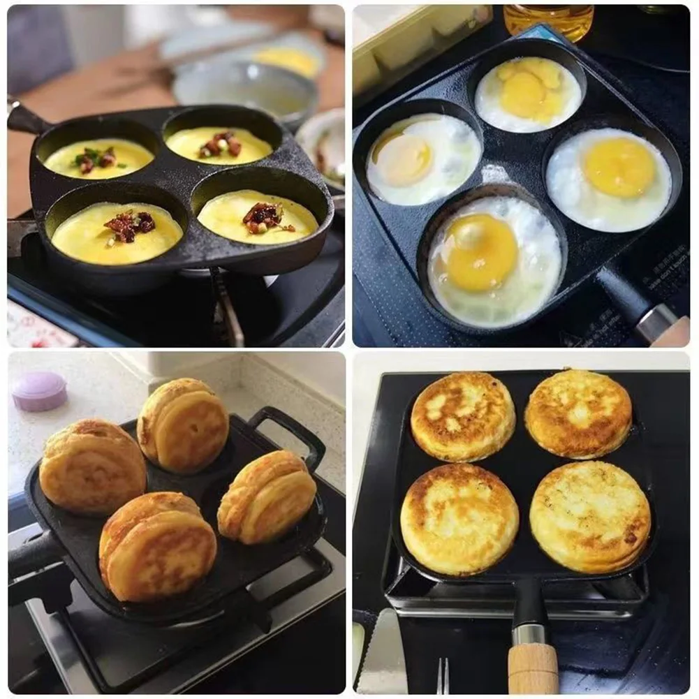 Pre-Seasoned 4-Hole Cast Iron Frying Pan – Non-Stick Breakfast Skillet with Wooden Handle for Eggs, Pancakes, Burgers & More (Gas & Induction Compatible)
