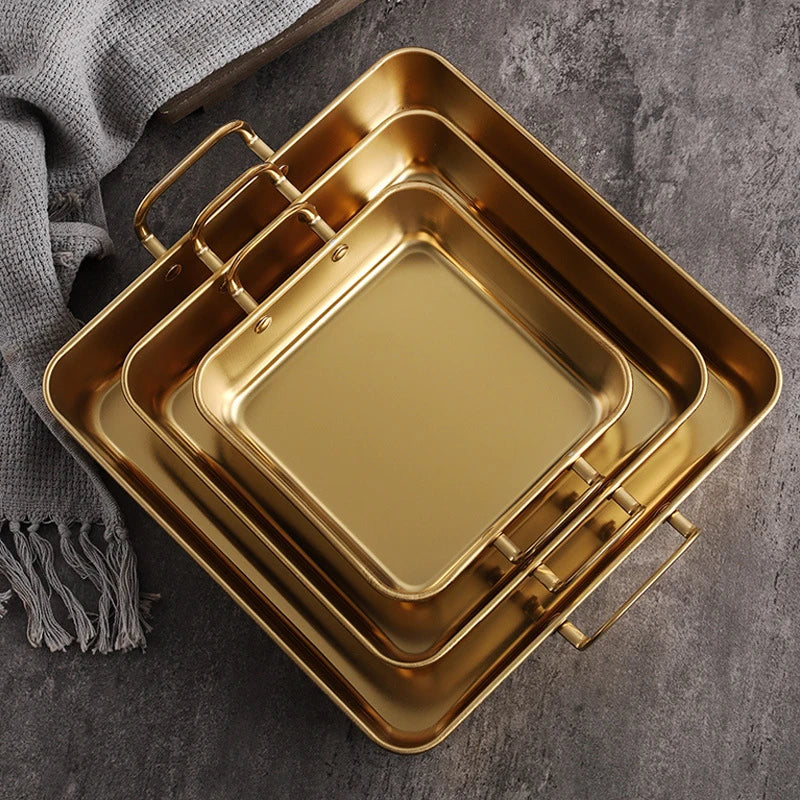 Golden Stainless Steel Square Tray with Handles – Durable Deep Base, Ideal for Baking, Grilling, Frying & More (Available in 16cm, 21cm, 26cm