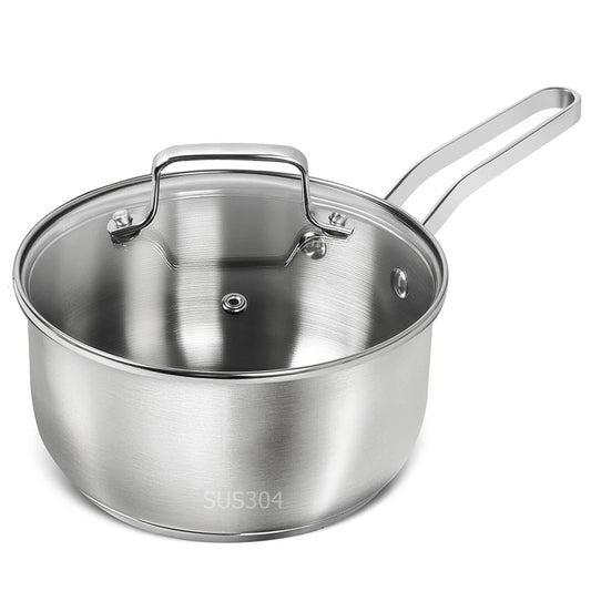 304 Stainless Steel Saucepan with Glass Lid & Long Handle – 1QT Small Pot, Ideal for Gravies, Milk, Boiling, Simmering, Reheating & Preparing Sauces – Compatible with Gas, Induction & Electric Stoves