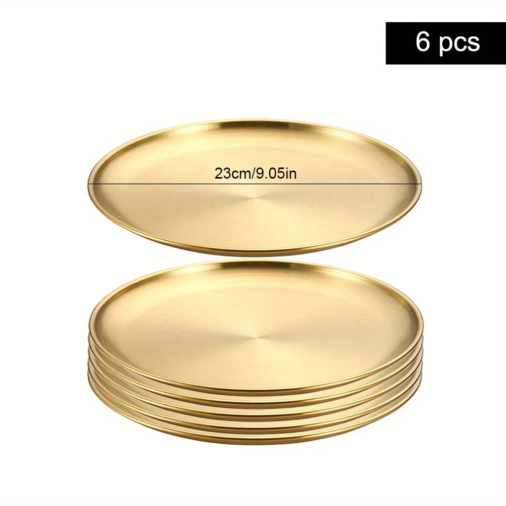6Pcs Golden Stainless Steel Round Plate Set – Rust-Proof Shallow Trays for BBQ, Picnic & Kitchen Use (6 Sizes: 14cm–30cm)