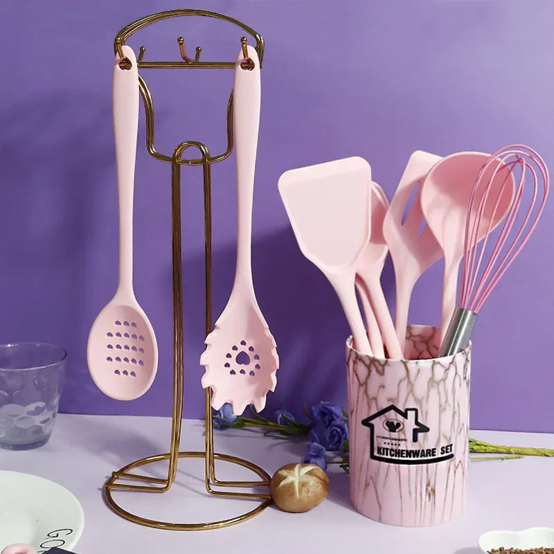 Blush Pink Silicone Kitchen Utensils Set –10/18-Piece Silicone Kitchen Utensils Set – Heat-Resistant Spatulas, Spoons, Turners, Brush, Whisk, and More Safe for Non-Stick Cookware & Daily Cooking
