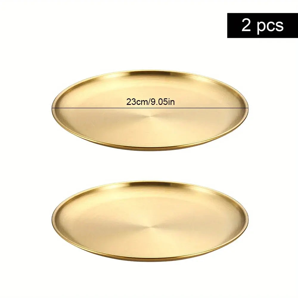 2Pcs Golden Stainless Steel Round Plate Set – Rust-Proof Shallow Trays for BBQ, Picnic & Kitchen Use (6 Sizes: 14cm–30cm) 2Pcs 23cm Gold