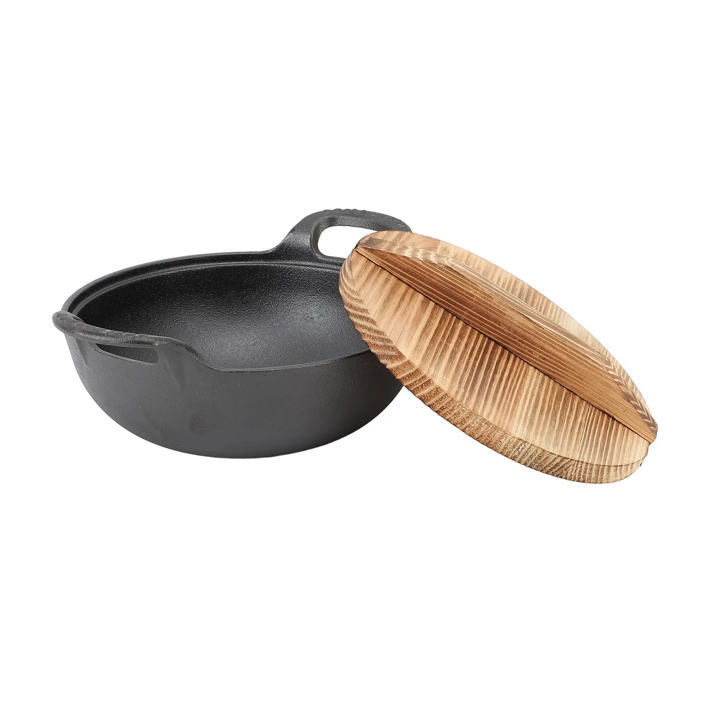 Pre-Seasoned Cast Iron Pan with Wooden Lid – Double-Handle Old-Fashioned Multifunctional Cooking Pot for Stews, Soups & Stir Fry (Available in 20cm, 25cm Sizes)