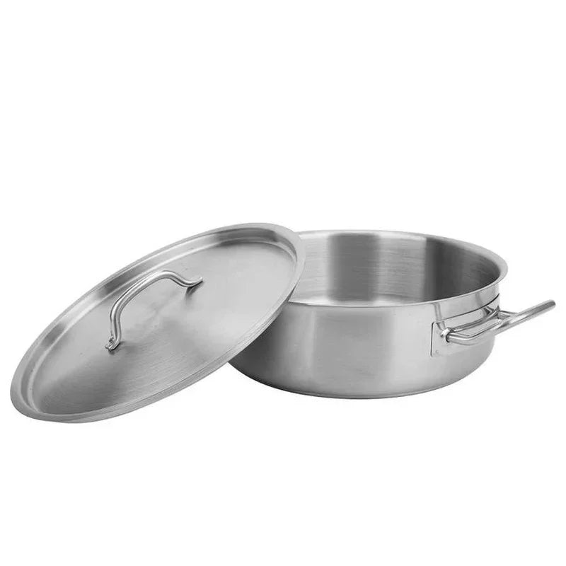 Stainless Steel Sauté & Braiser Pan with Lid & Dual Handles – Multipurpose Flat-Bottom Pot for Searing, Simmering, Stews, Soup, Curries, Braising & One-Pan Meals – Compatible with Gas, Electric & Induction Stoves – Composite Base – Size: 25.5 x 8.5cm