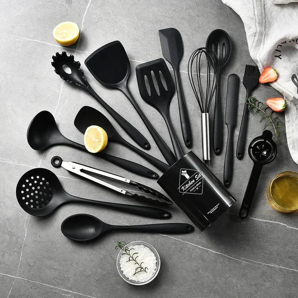 15-Piece Silicone Cooking Utensils Set – Non-Stick, Heat-Resistant Spatulas, Spoons, Turners, Whisk & Brush – Ideal for Daily Cooking – Available in Black, Pink & Khaki C for Chef