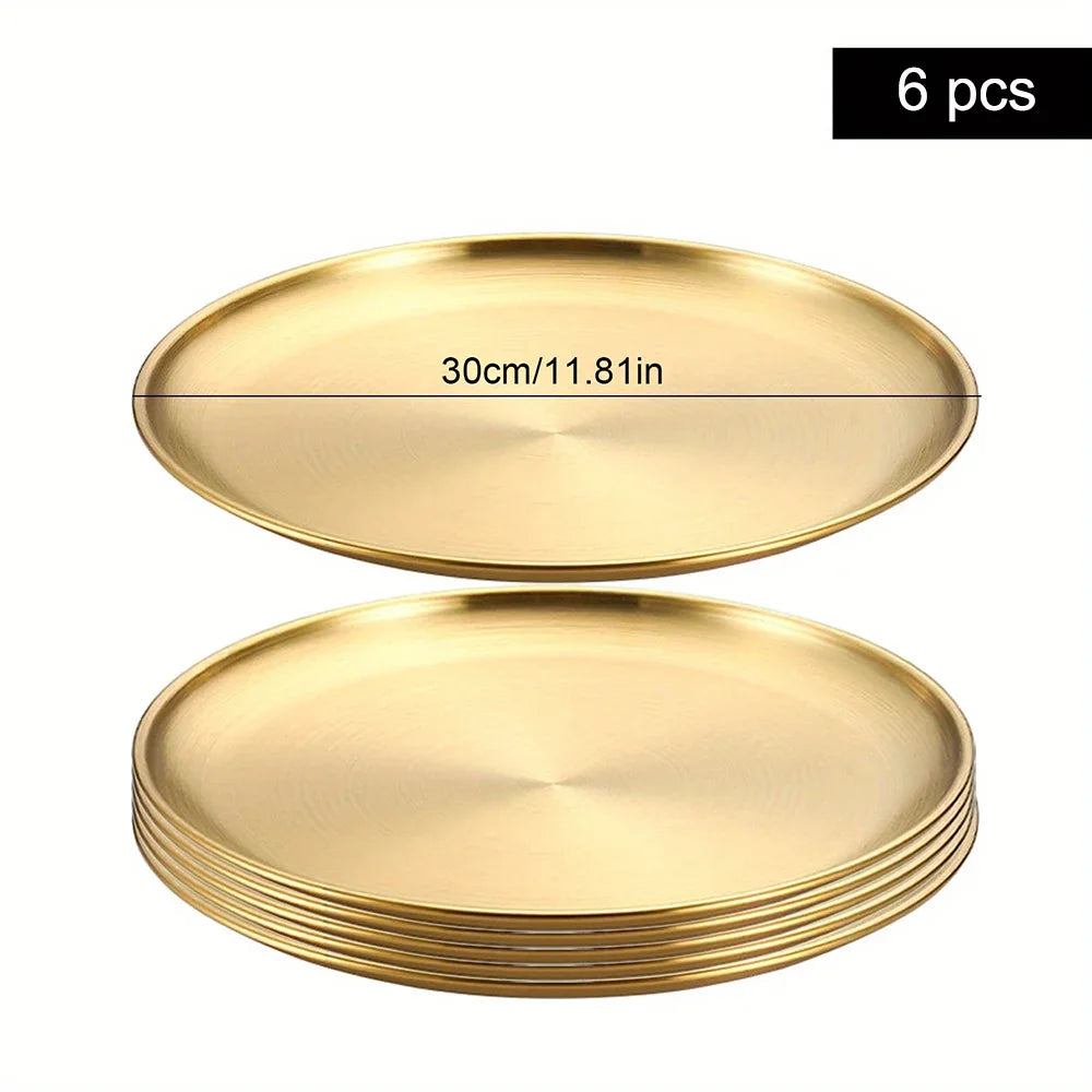 6Pcs Golden Stainless Steel Round Plate Set – Rust-Proof Shallow Trays for BBQ, Picnic & Kitchen Use (6 Sizes: 14cm–30cm)