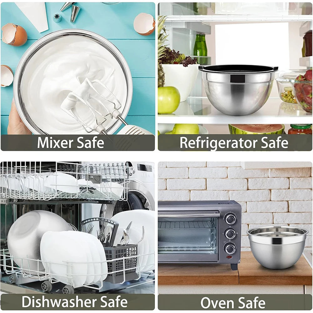 Stainless Steel Mixing Bowl Set with Airtight Lids – Multi-Purpose Kitchen Bowls for Mixing, Whisking, Serving, Storing & Food Prep – Fridge & Dishwasher Safe – Set Includes 6 Bowls in 18cm to 28cm Sizes