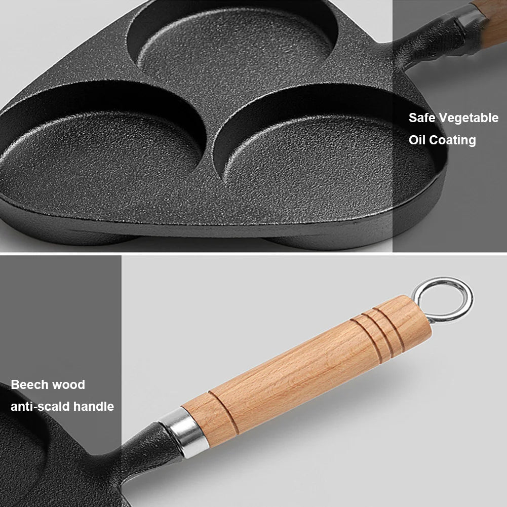 Three Hole Cast Iron Fried Egg Pan With Wooden Handle Breakfast Pancake Pan Nonstick Egg Pan