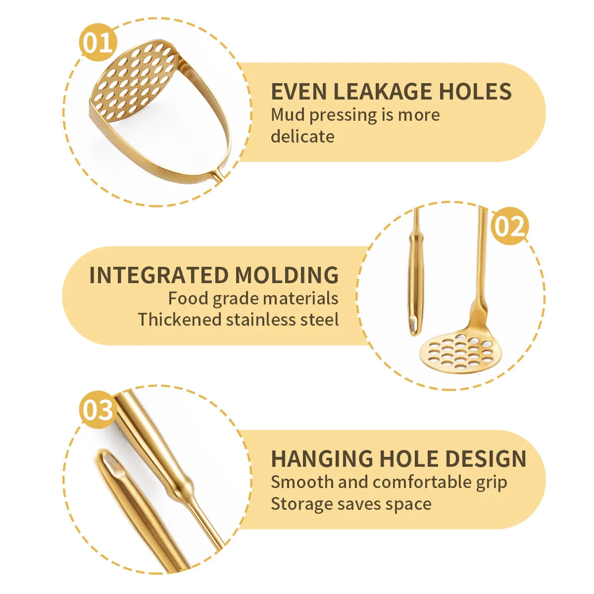 Golden Stainless Steel Potato Masher – Manual Food Crusher for Potatoes, Pumpkin & Baby Food, Garlic, & More (Available in Small, Medium & Large)