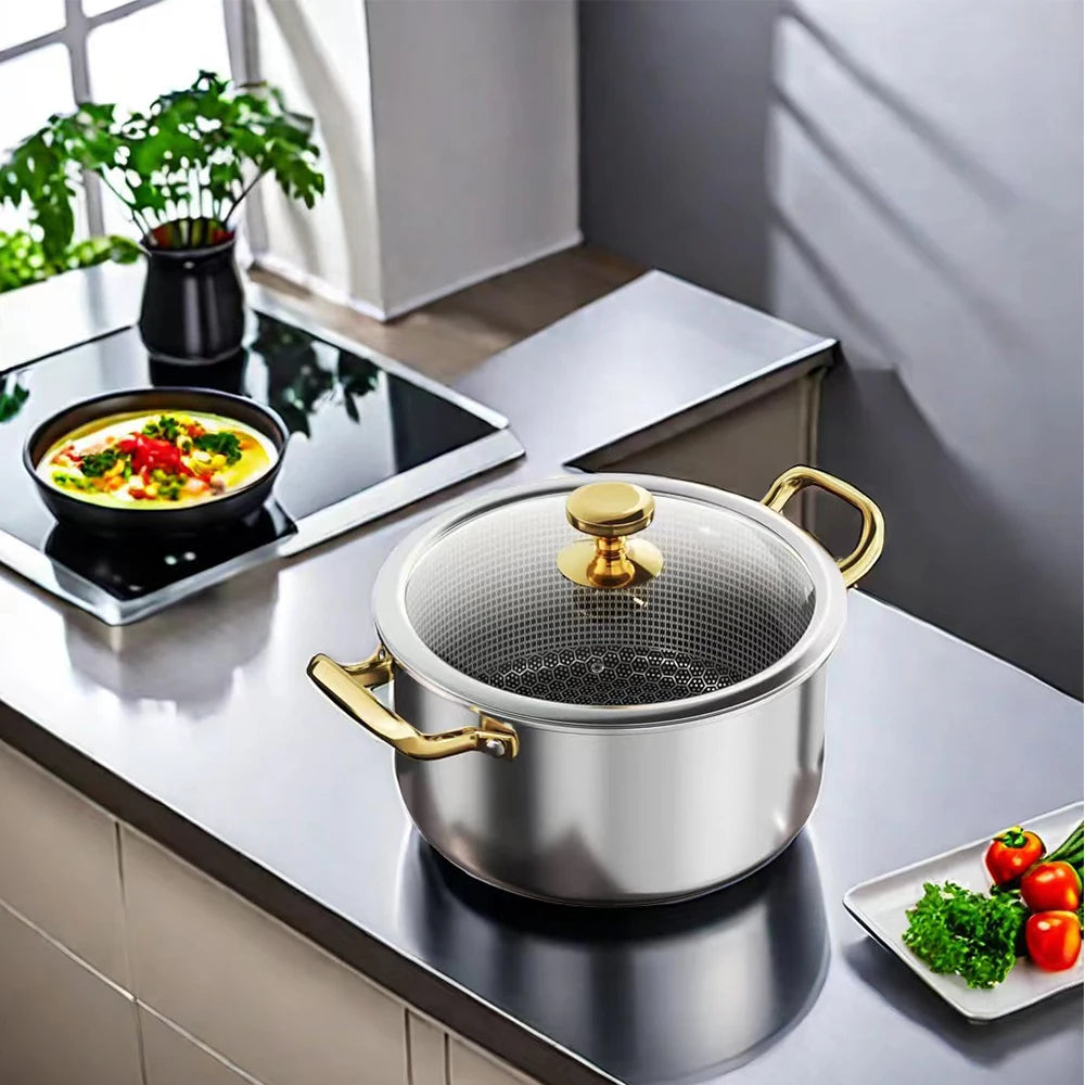 Honeycomb Stainless Steel Non-Stick Soup Pot with Glass Lid – Multi-Purpose Pot for Frying, Stewing, Searing, Stir-Fry, Soup, Stock & Daily Cooking – Compatible with All Stovetops – Available in 20cm, 22cm, 24cm