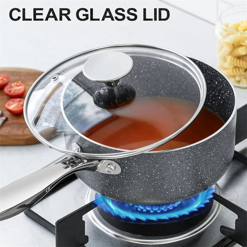 3-Piece Non-Stick Aluminium Saucepan Set with Lids & Stainless Steel Handles – Multipurpose Saucepans for Boiling,Simmering, Reheating, Gravies, Curries, Sauces, Pasta & Grains – Compatible with Gas, Induction & Electric Stoves – Includes 1.5Qt, 2Qt & 3Qt