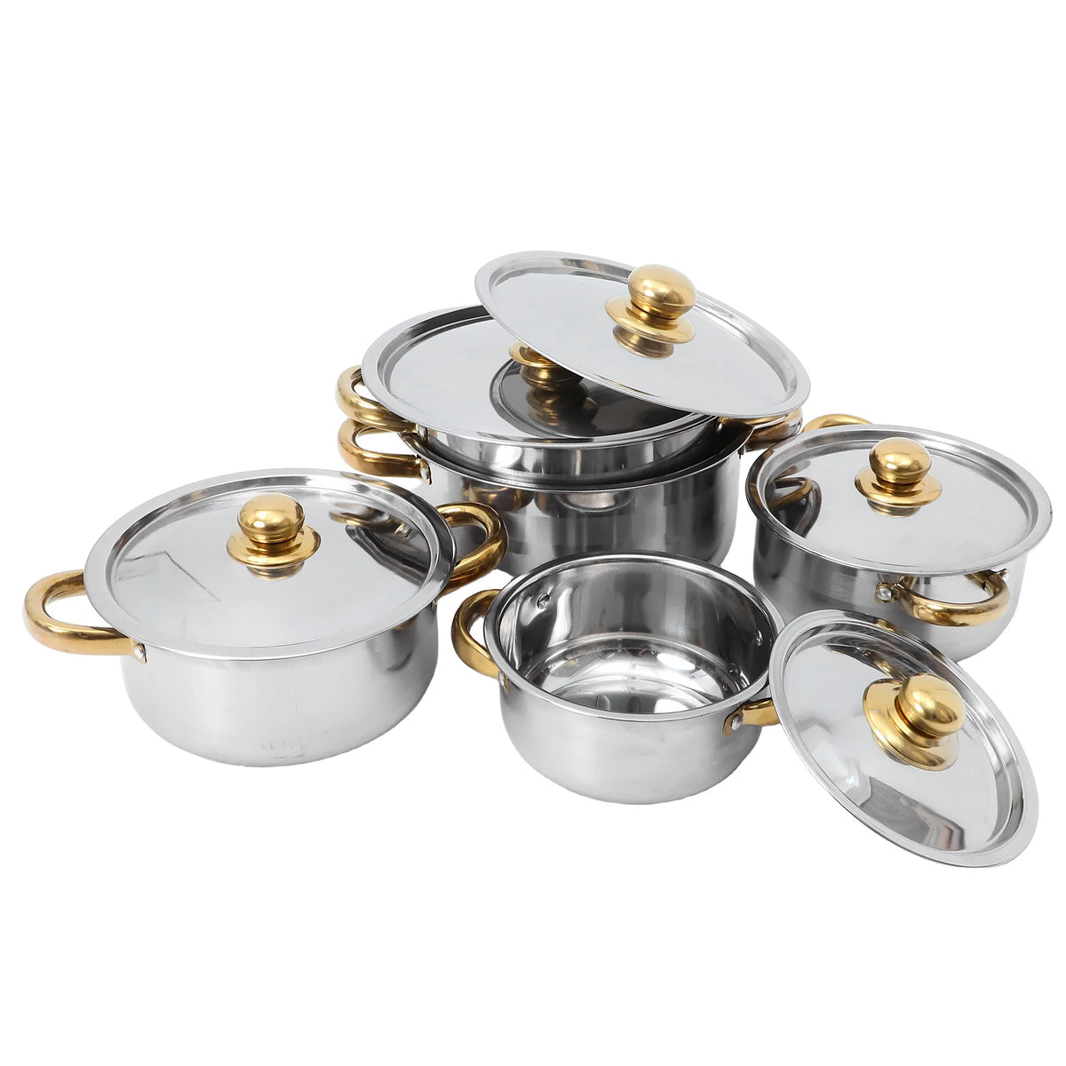 Golden Handle Stainless Steel Cookware Set with Lids – 5 Piece Pots & Saucepan Set – Perfect for Induction, Gas & Oven Cooking