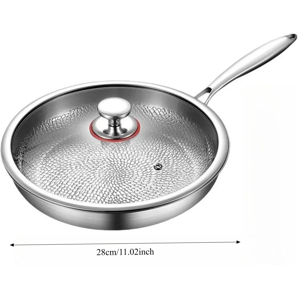 Titanium Interior Frying Pan with Glass Lid – Uncoated, Fish Scale Hammer Pattern, Gas & Induction Compatible | 26cm, 28cm & 30cm 28CM silver China Mainland