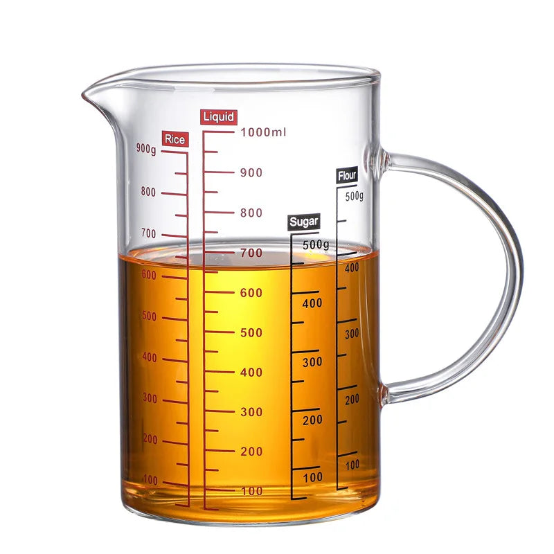 Borosilicate Glass Measuring Jug with Handle & V-Shaped Spout – Clear Scale Measuring Cup – Best for Baking, Liquids & Microwave Use – Available in 400ml, 500ml, 600ml & 1000ml