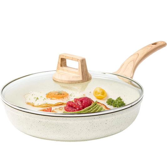 Granite Non-Stick Frying Pan with Glass Lid & Wood Grain Handle – Durable 3-Layer Cooking Skillet for Eggs, Pancakes, Searing, Sauces & Daily Meals – Dual Pouring Spout– Induction, Gas, Ceramic & Electric Compatible – Available in 20cm, 24cm, 28cm