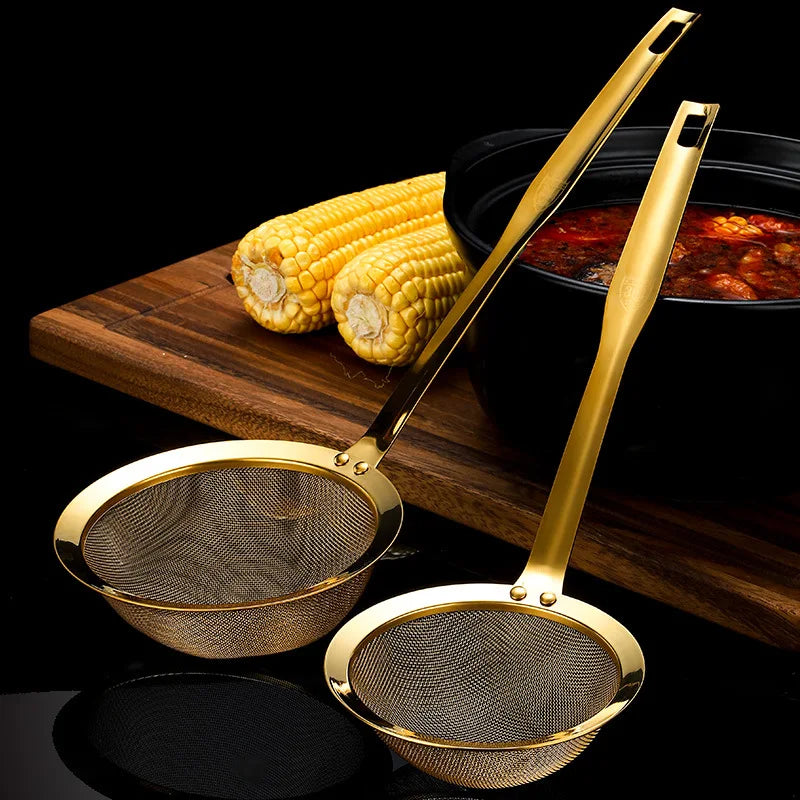 Golden Stainless-Steel Strainer, Sieve– Fine Mesh Skimmer with Long Handle (Available in 12cm, 14cm, 16cm)