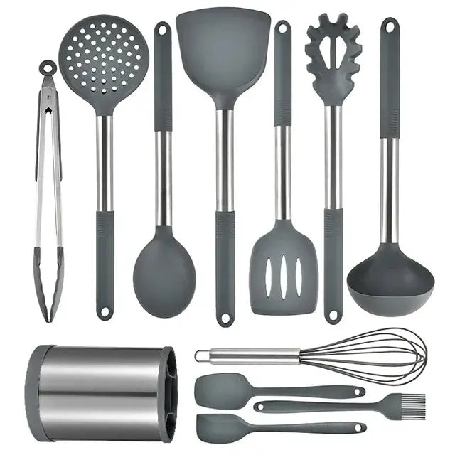 Food-Grade 12-Piece Silicone & Stainless Steel Kitchen Utensils Set with 360° Rotating Storage Holder– Heat-Resistant Cooking & Baking Utensils Grey 12Pcs