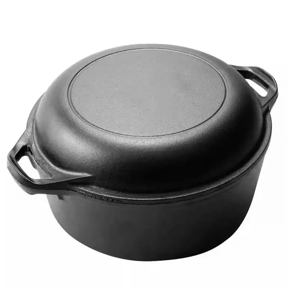 Pre-Seasoned Cast Iron 2-in-1 Dutch Oven Pot & Skillet – Multi-Purpose Cookware Set with Dual Handles for Baking Bread, Frying, Stewing, Camping & BBQ