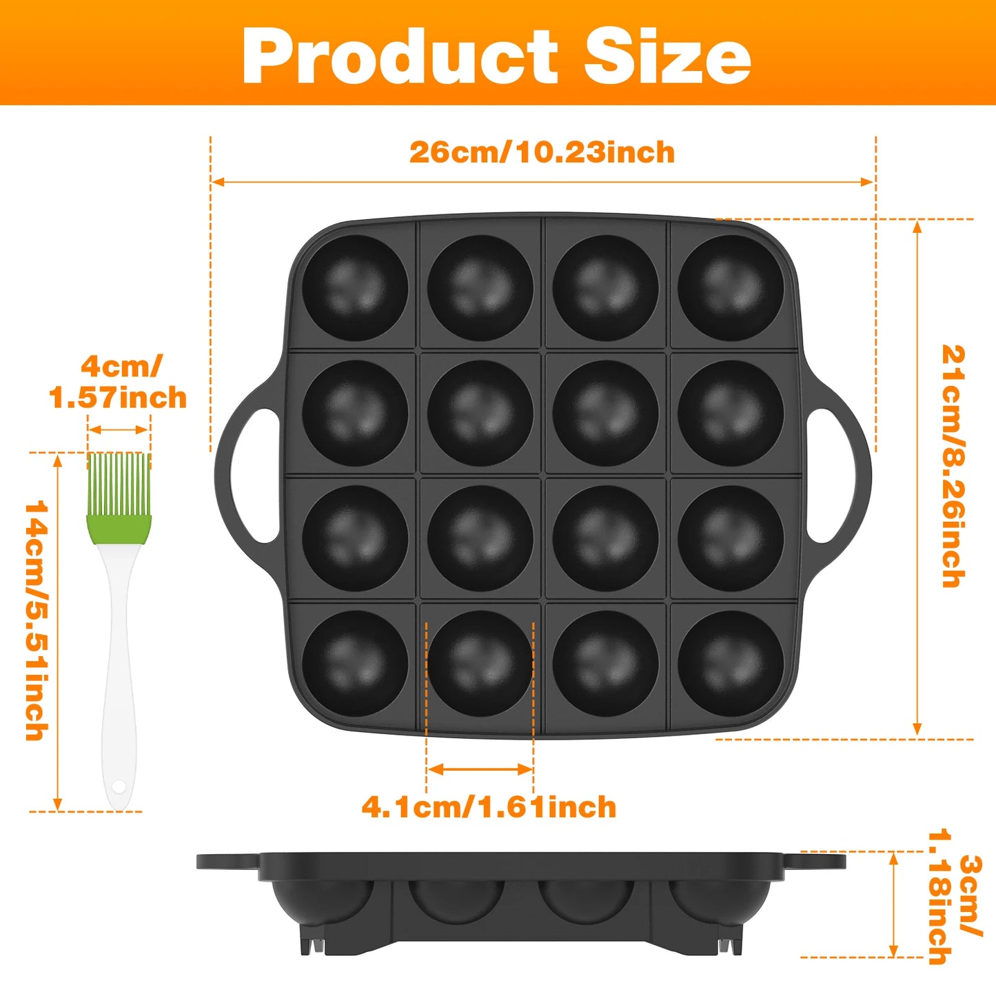 Takoyaki Pan — 16 Hole with brush