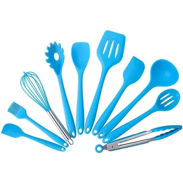 10-Piece Silicone Kitchen Utensils Set – Non-Stick, Heat-Resistant Cooking Utensils – Ideal for Daily Cooking– Available in Black, Light Green, Red, and Blue Colours. Blue